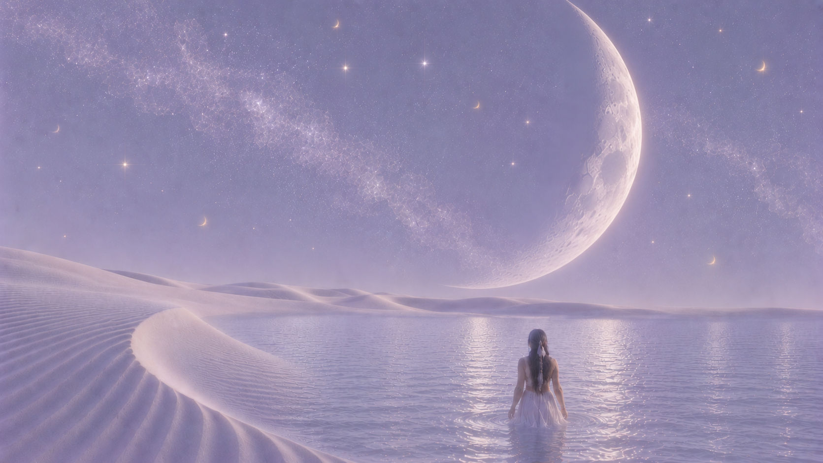 A woman standing in still water beneath a vast crescent Moon and a soft lilac sky